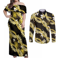 Puakenikeni Maile Lei Couples Matching Off Shoulder Maxi Dress and Long Sleeve Button Shirt Frangipani Yellow Tropical Leaves