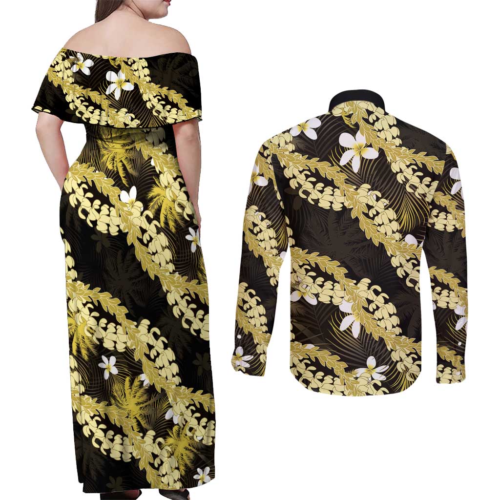 Puakenikeni Maile Lei Couples Matching Off Shoulder Maxi Dress and Long Sleeve Button Shirt Frangipani Yellow Tropical Leaves