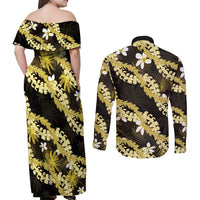 Puakenikeni Maile Lei Couples Matching Off Shoulder Maxi Dress and Long Sleeve Button Shirt Frangipani Yellow Tropical Leaves