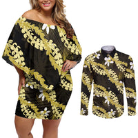 Puakenikeni Maile Lei Couples Matching Off Shoulder Short Dress and Long Sleeve Button Shirt Frangipani Yellow Tropical Leaves