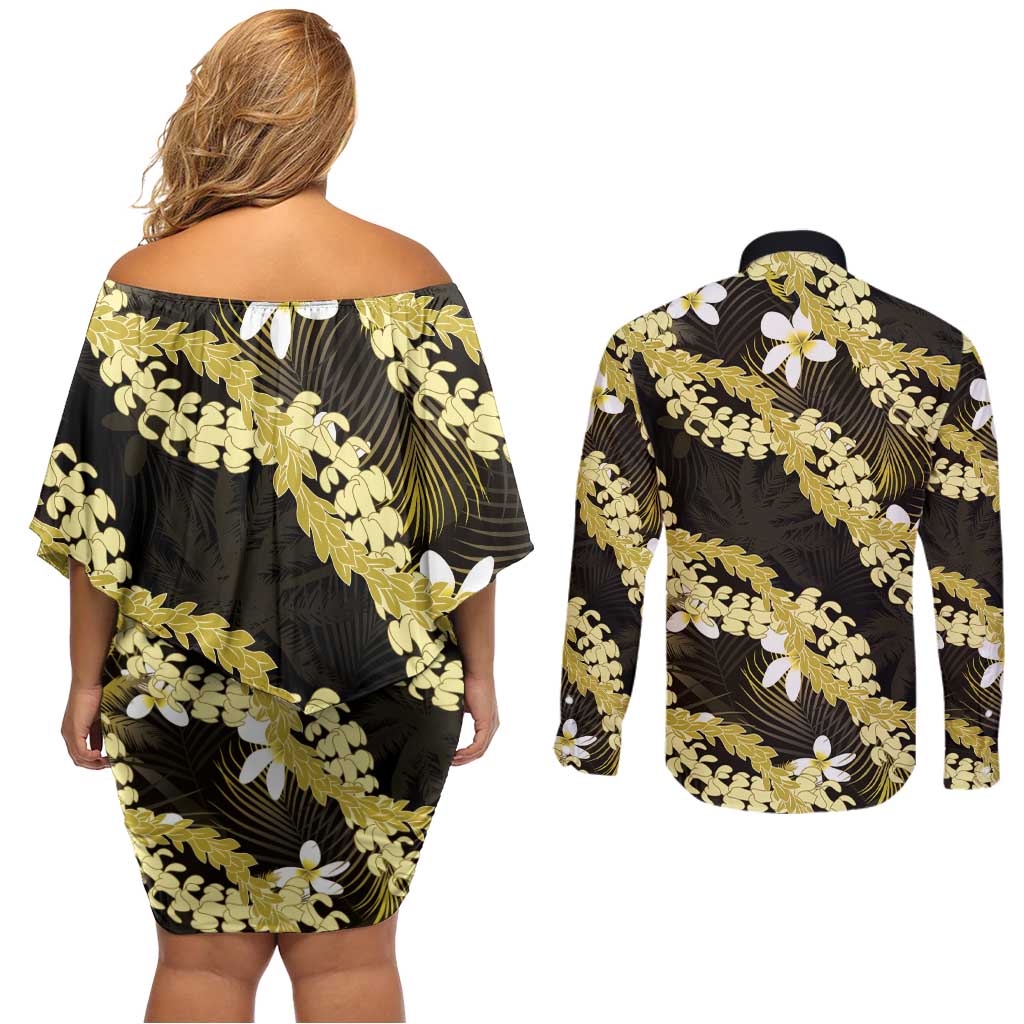 Puakenikeni Maile Lei Couples Matching Off Shoulder Short Dress and Long Sleeve Button Shirt Frangipani Yellow Tropical Leaves