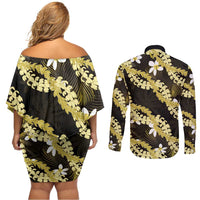 Puakenikeni Maile Lei Couples Matching Off Shoulder Short Dress and Long Sleeve Button Shirt Frangipani Yellow Tropical Leaves