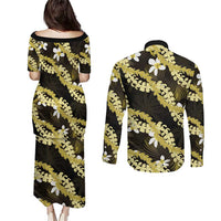 Puakenikeni Maile Lei Couples Matching Puletasi and Long Sleeve Button Shirt Frangipani Yellow Tropical Leaves LT01 - Polynesian Pride