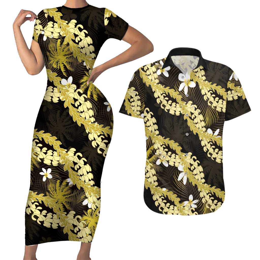 Puakenikeni Maile Lei Couples Matching Short Sleeve Bodycon Dress and Hawaiian Shirt Frangipani Yellow Tropical Leaves