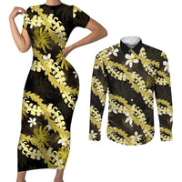Puakenikeni Maile Lei Couples Matching Short Sleeve Bodycon Dress and Long Sleeve Button Shirt Frangipani Yellow Tropical Leaves