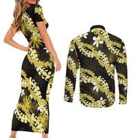 Puakenikeni Maile Lei Couples Matching Short Sleeve Bodycon Dress and Long Sleeve Button Shirt Frangipani Yellow Tropical Leaves