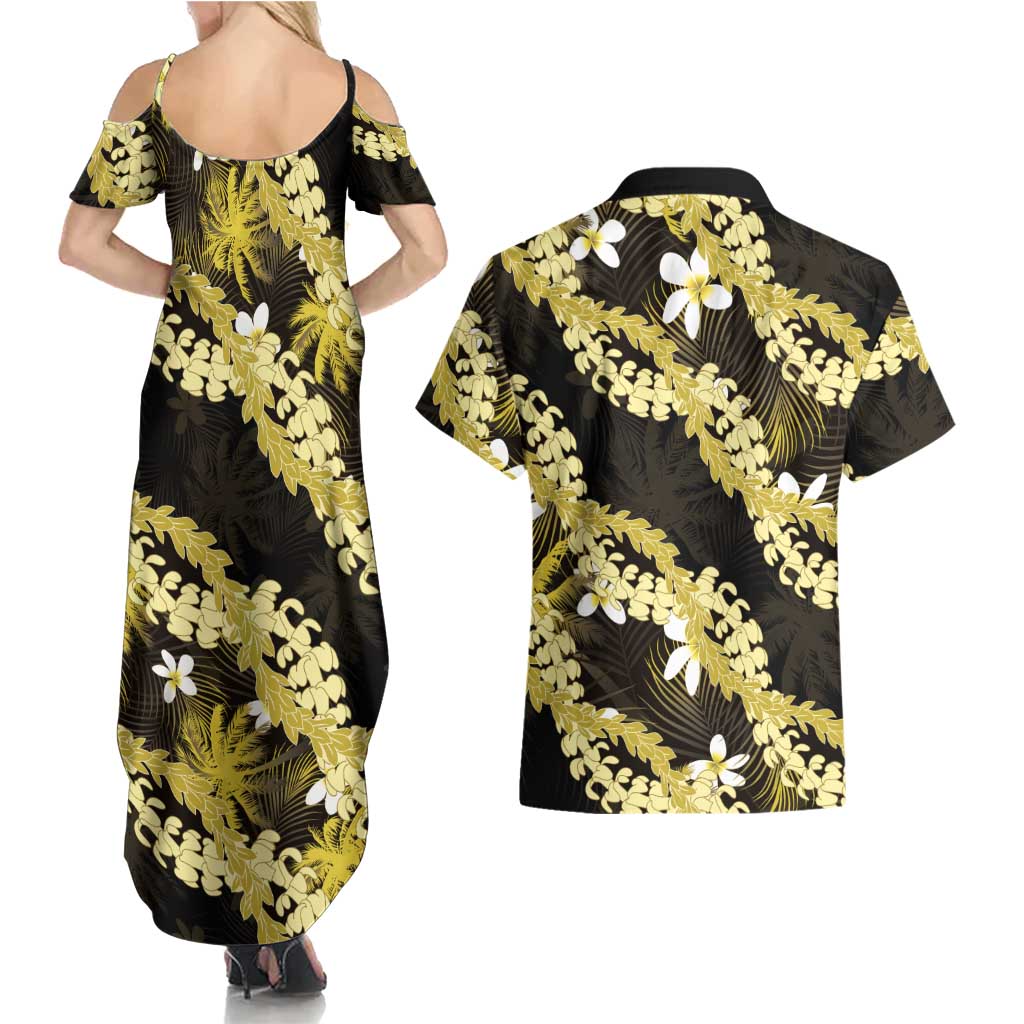 Puakenikeni Maile Lei Couples Matching Summer Maxi Dress and Hawaiian Shirt Frangipani Yellow Tropical Leaves