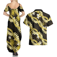 Puakenikeni Maile Lei Couples Matching Summer Maxi Dress and Hawaiian Shirt Frangipani Yellow Tropical Leaves