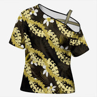 Puakenikeni Maile Lei Cross Shoulder Shirt Frangipani Yellow Tropical Leaves LT01 Female Yellow - Polynesian Pride