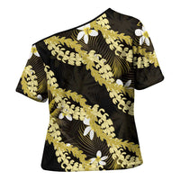 Puakenikeni Maile Lei Cross Shoulder Shirt Frangipani Yellow Tropical Leaves LT01 - Polynesian Pride