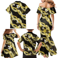 Puakenikeni Maile Lei Family Matching Mermaid Dress and Hawaiian Shirt Frangipani Yellow Tropical Leaves LT01 - Polynesian Pride