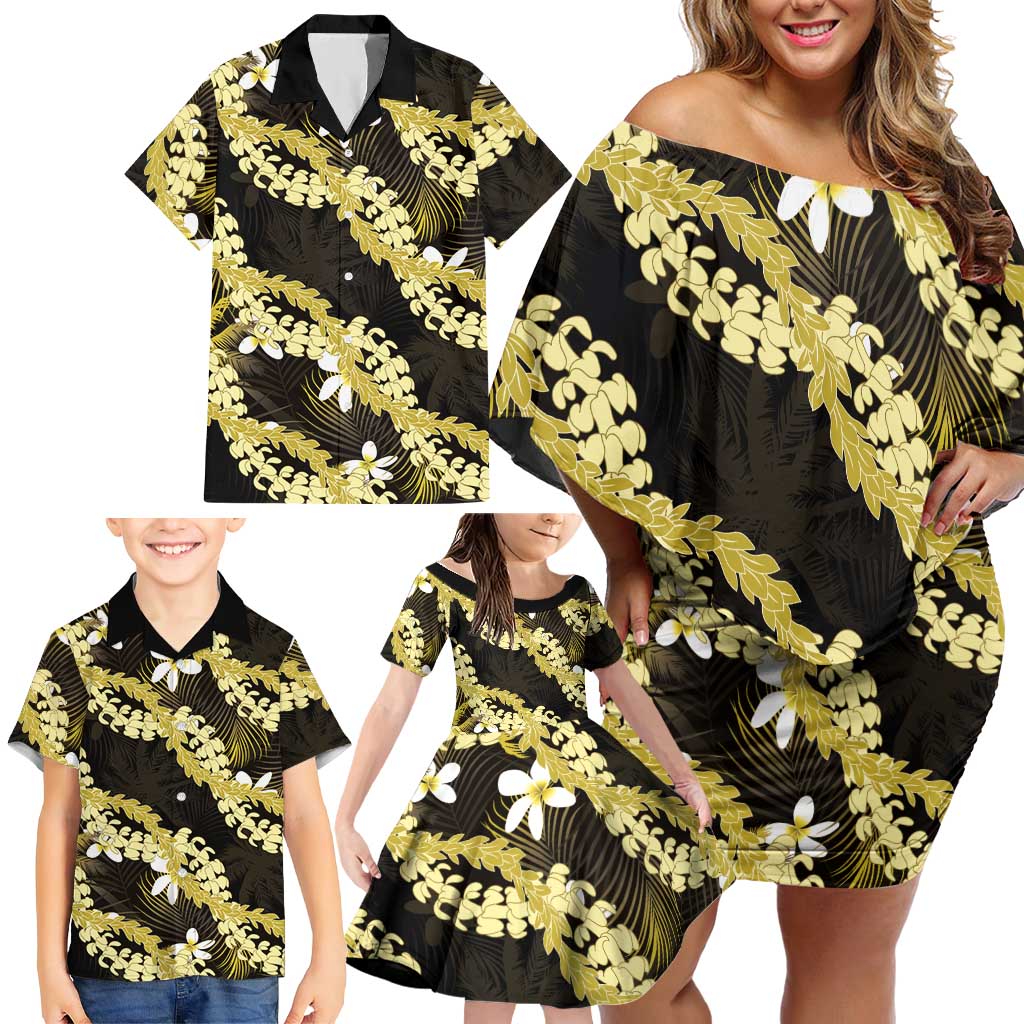 Puakenikeni Maile Lei Family Matching Off Shoulder Short Dress and Hawaiian Shirt Frangipani Yellow Tropical Leaves