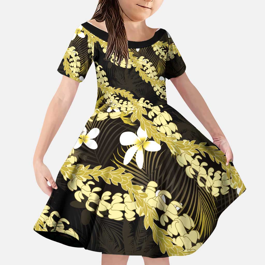 Puakenikeni Maile Lei Family Matching Short Sleeve Bodycon Dress and Hawaiian Shirt Frangipani Yellow Tropical Leaves LT01 Daughter's Dress Yellow - Polynesian Pride