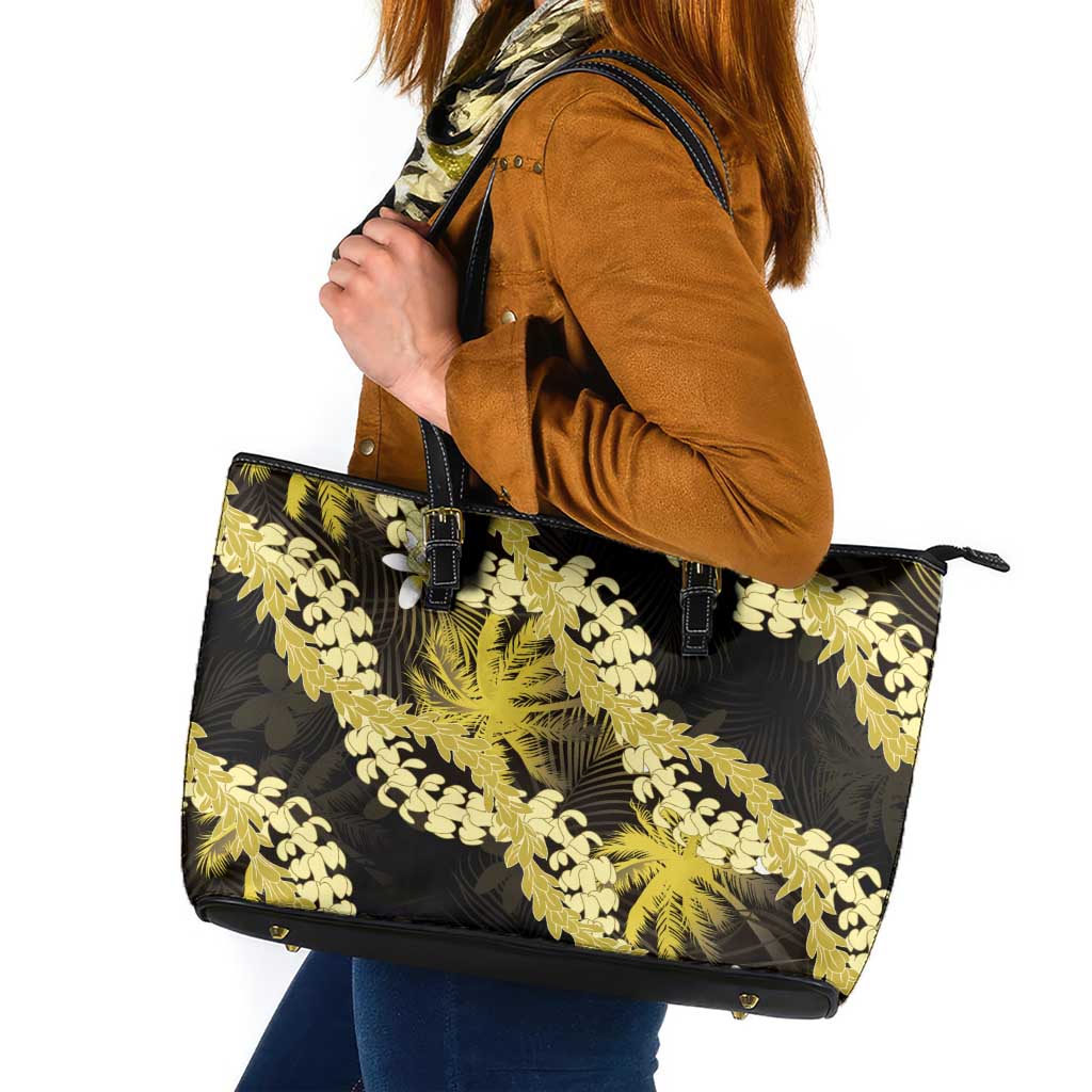 Puakenikeni Maile Lei Leather Tote Bag Frangipani Yellow Tropical Leaves