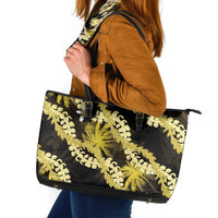 Puakenikeni Maile Lei Leather Tote Bag Frangipani Yellow Tropical Leaves