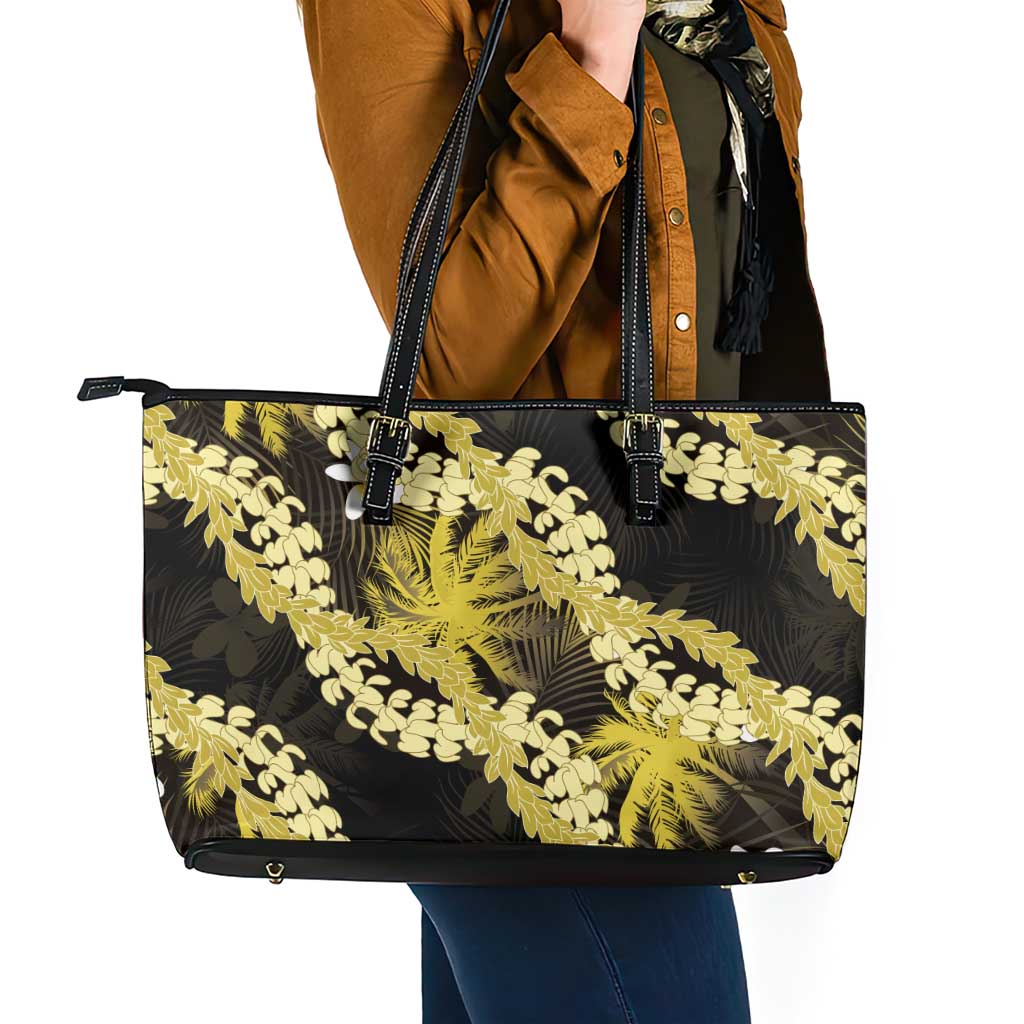 Puakenikeni Maile Lei Leather Tote Bag Frangipani Yellow Tropical Leaves