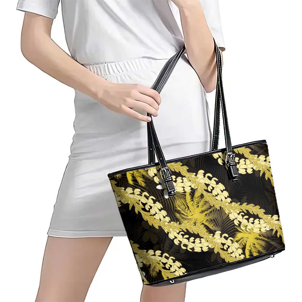 Puakenikeni Maile Lei Leather Tote Bag Frangipani Yellow Tropical Leaves