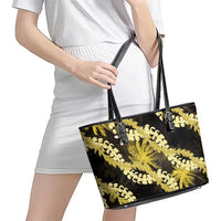 Puakenikeni Maile Lei Leather Tote Bag Frangipani Yellow Tropical Leaves