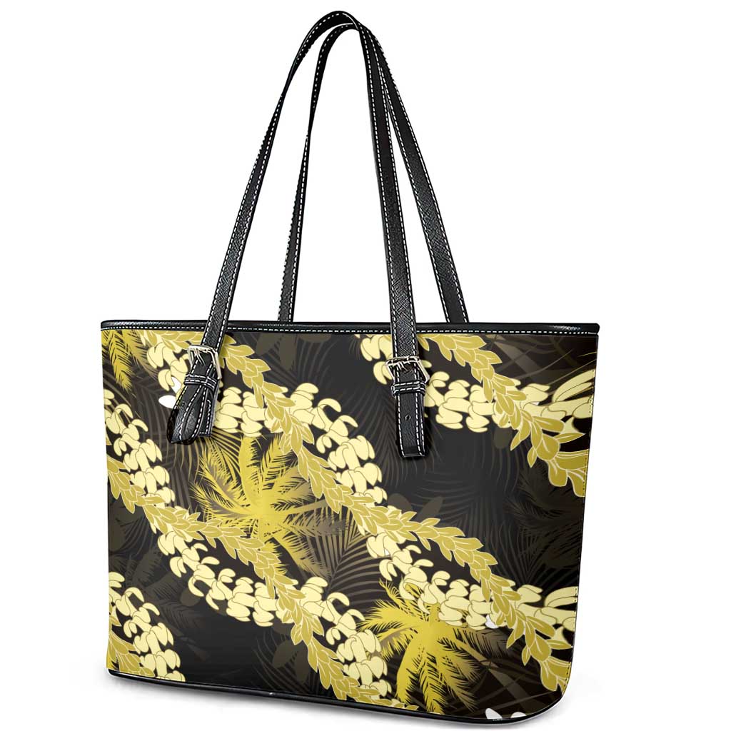 Puakenikeni Maile Lei Leather Tote Bag Frangipani Yellow Tropical Leaves