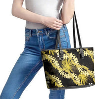 Puakenikeni Maile Lei Leather Tote Bag Frangipani Yellow Tropical Leaves