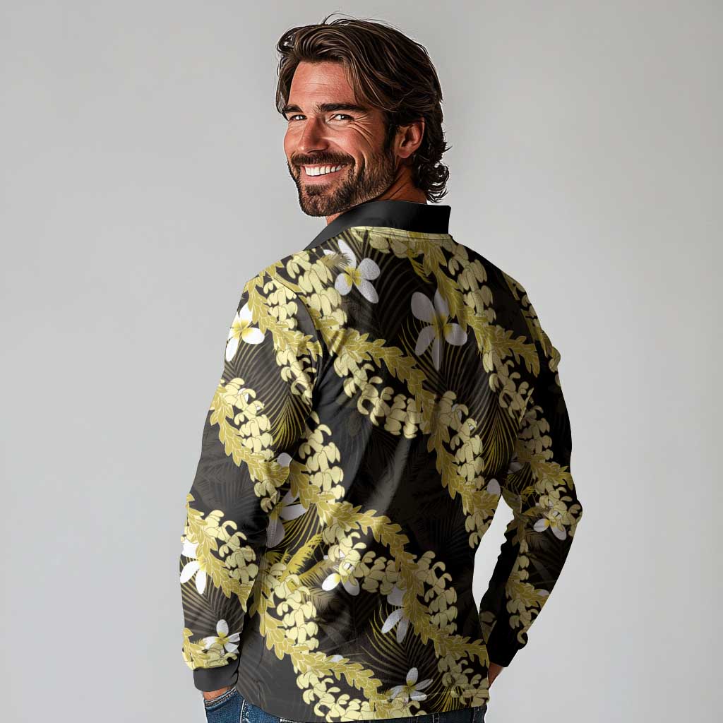 Puakenikeni Maile Lei Long Sleeve Polo Shirt Frangipani Yellow Tropical Leaves LT01 - Polynesian Pride
