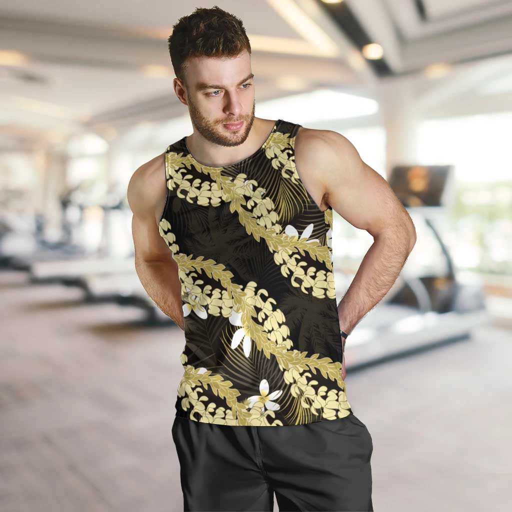 Puakenikeni Maile Lei Men Tank Top Frangipani Yellow Tropical Leaves