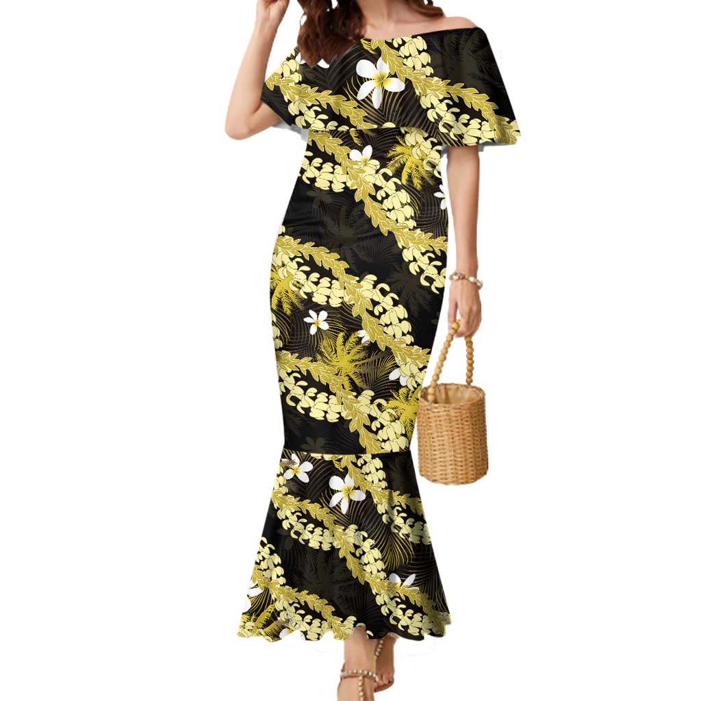 Puakenikeni Maile Lei Mermaid Dress Frangipani Yellow Tropical Leaves LT01 Women Yellow - Polynesian Pride