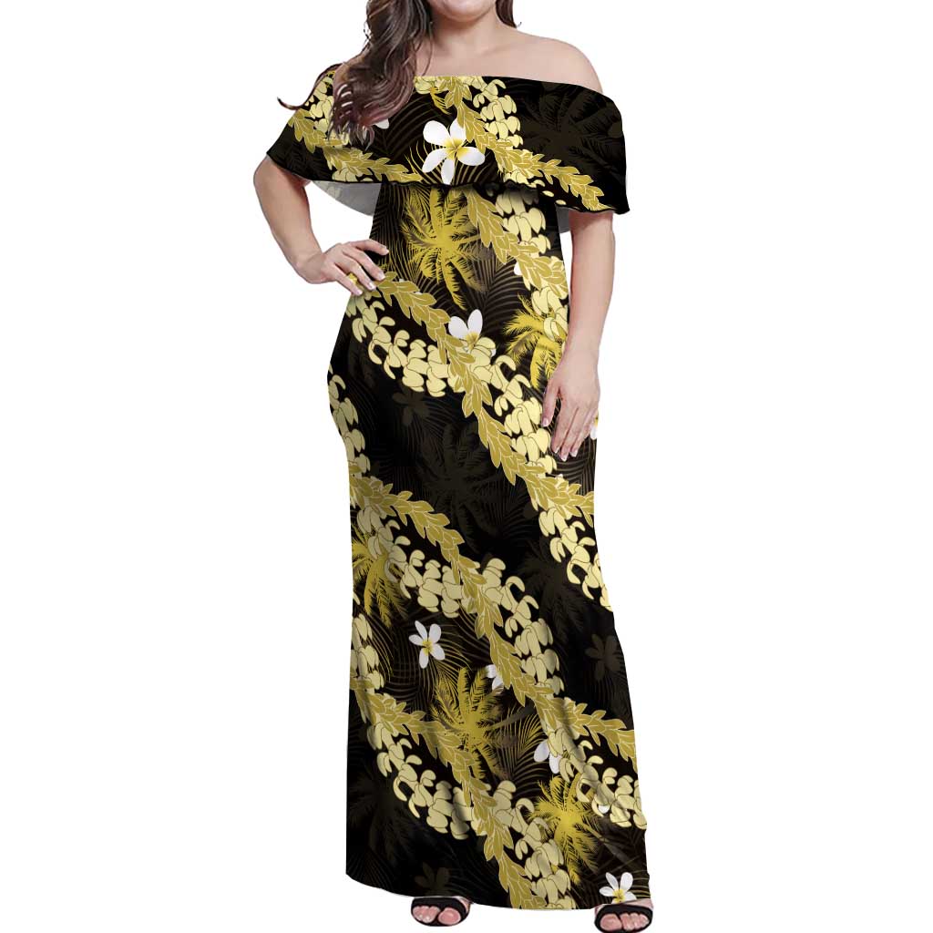 Puakenikeni Maile Lei Off Shoulder Maxi Dress Frangipani Yellow Tropical Leaves LT01 Women Yellow - Polynesian Pride