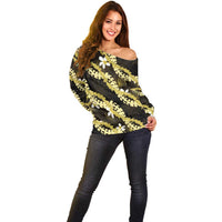 Puakenikeni Maile Lei Off Shoulder Sweater Frangipani Yellow Tropical Leaves