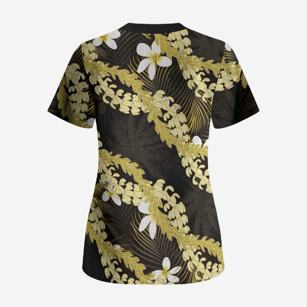 Puakenikeni Maile Lei Scrub Top Frangipani Yellow Tropical Leaves