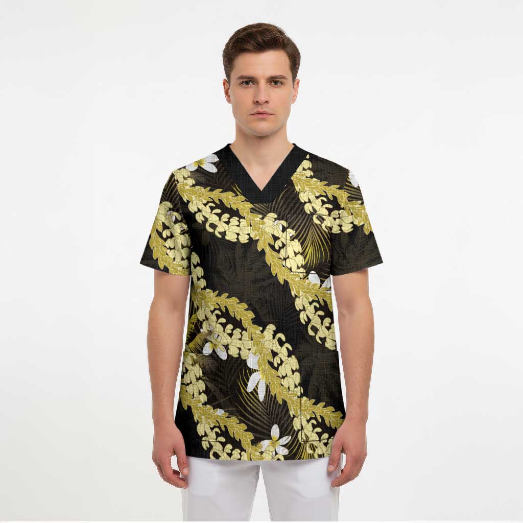 Puakenikeni Maile Lei Scrub Top Frangipani Yellow Tropical Leaves