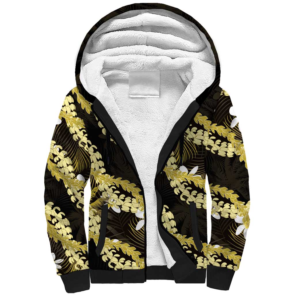 Puakenikeni Maile Lei Sherpa Hoodie Frangipani Yellow Tropical Leaves