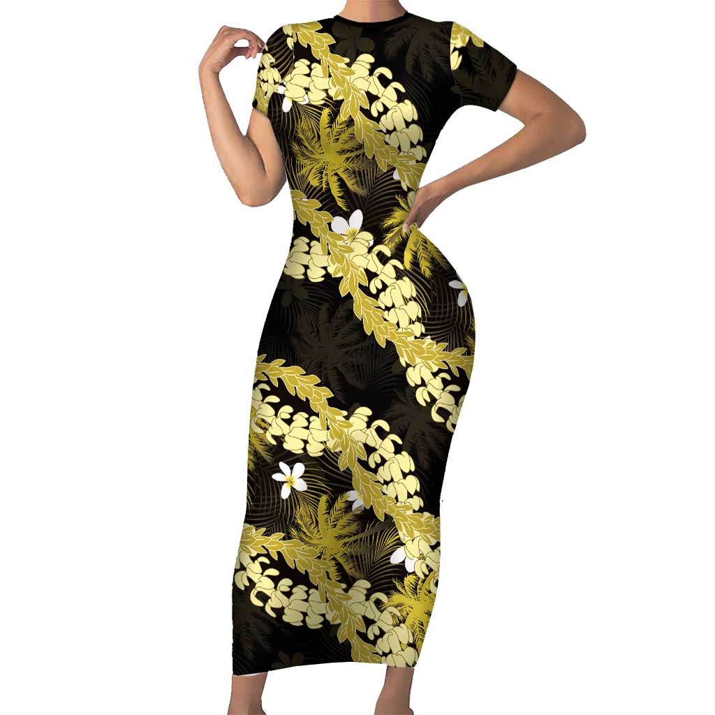 Puakenikeni Maile Lei Short Sleeve Bodycon Dress Frangipani Yellow Tropical Leaves