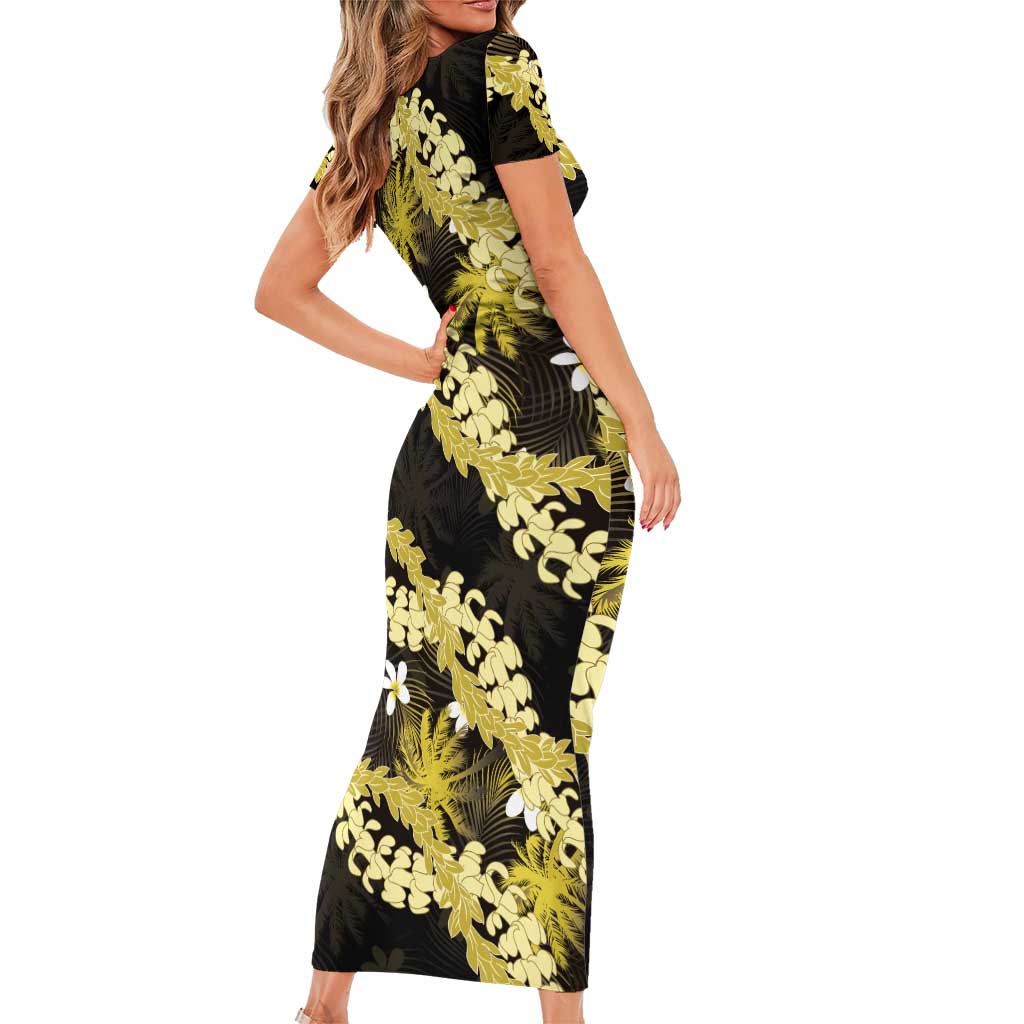 Puakenikeni Maile Lei Short Sleeve Bodycon Dress Frangipani Yellow Tropical Leaves