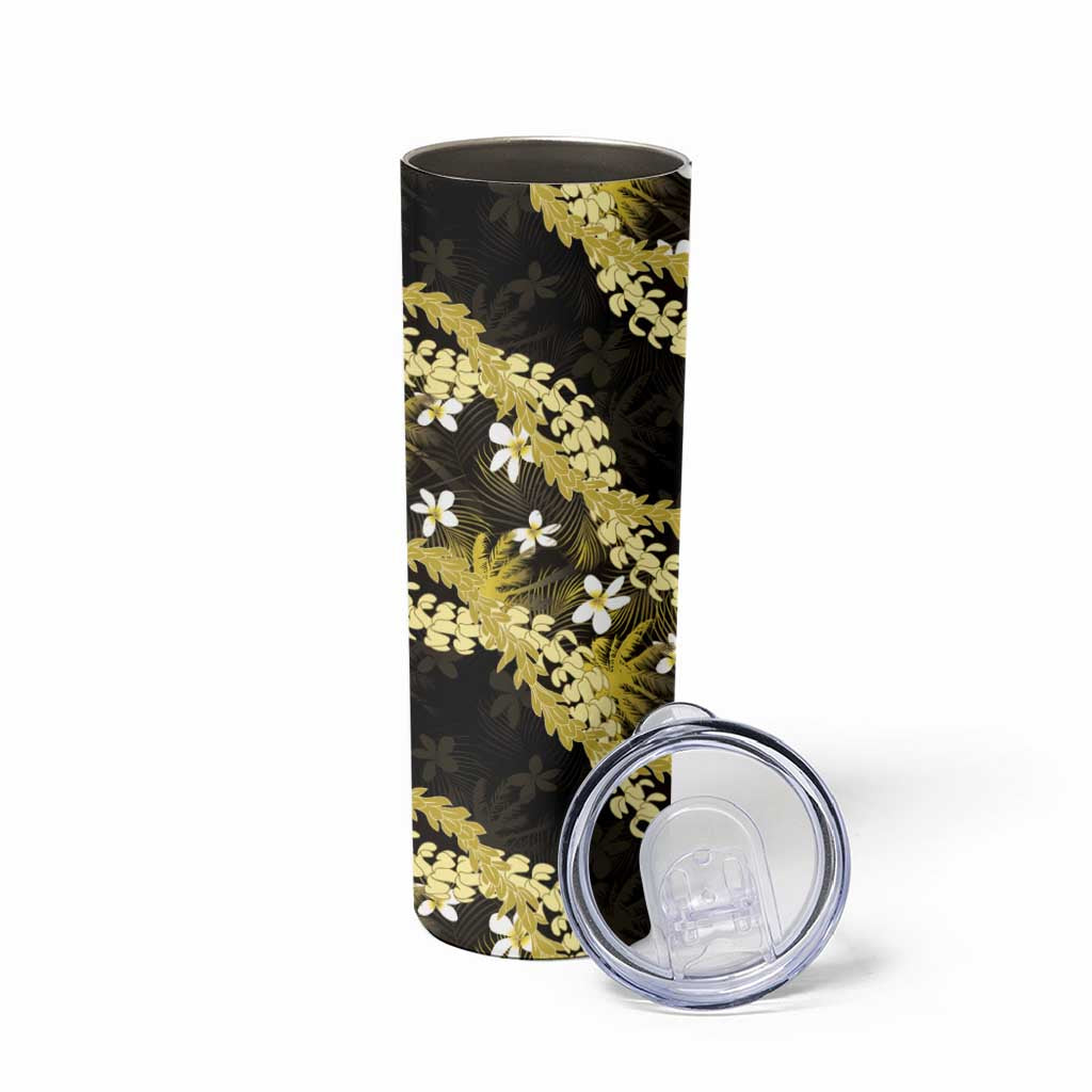 Puakenikeni Maile Lei Skinny Tumbler Frangipani Yellow Tropical Leaves