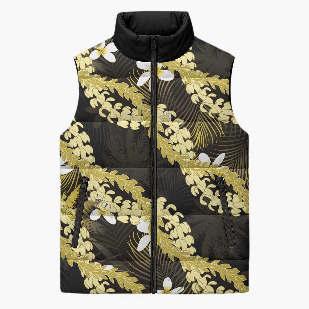 Puakenikeni Maile Lei Sleeveless Puffer Jacket Frangipani Yellow Tropical Leaves