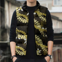 Puakenikeni Maile Lei Sleeveless Puffer Jacket Frangipani Yellow Tropical Leaves