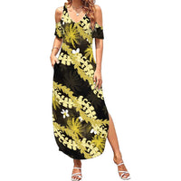 Puakenikeni Maile Lei Summer Maxi Dress Frangipani Yellow Tropical Leaves LT01 Women Yellow - Polynesian Pride