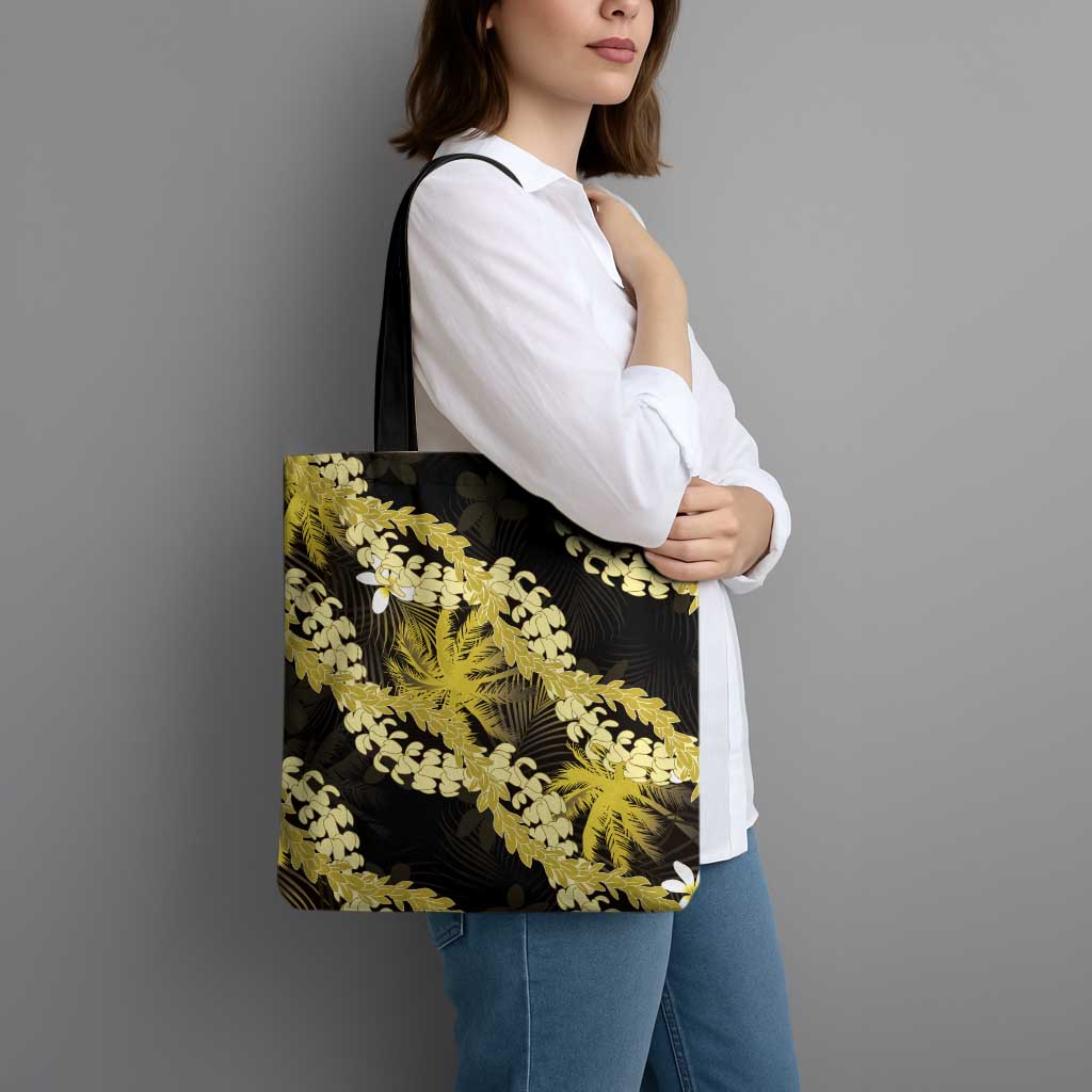 Puakenikeni Maile Lei Tote Bag Frangipani Yellow Tropical Leaves