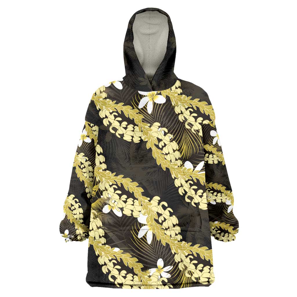 Puakenikeni Maile Lei Wearable Blanket Hoodie Frangipani Yellow Tropical Leaves