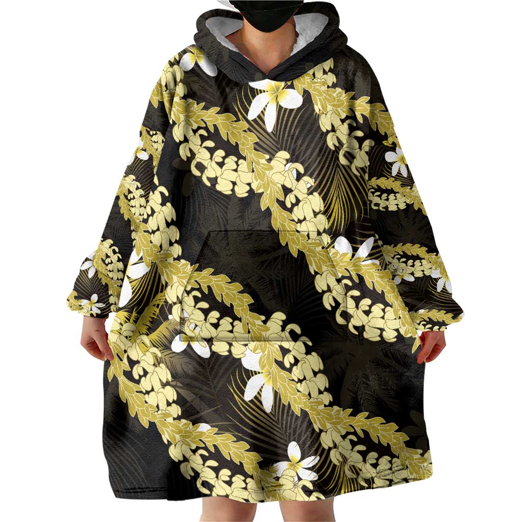 Puakenikeni Maile Lei Wearable Blanket Hoodie Frangipani Yellow Tropical Leaves LT01 - Polynesian Pride