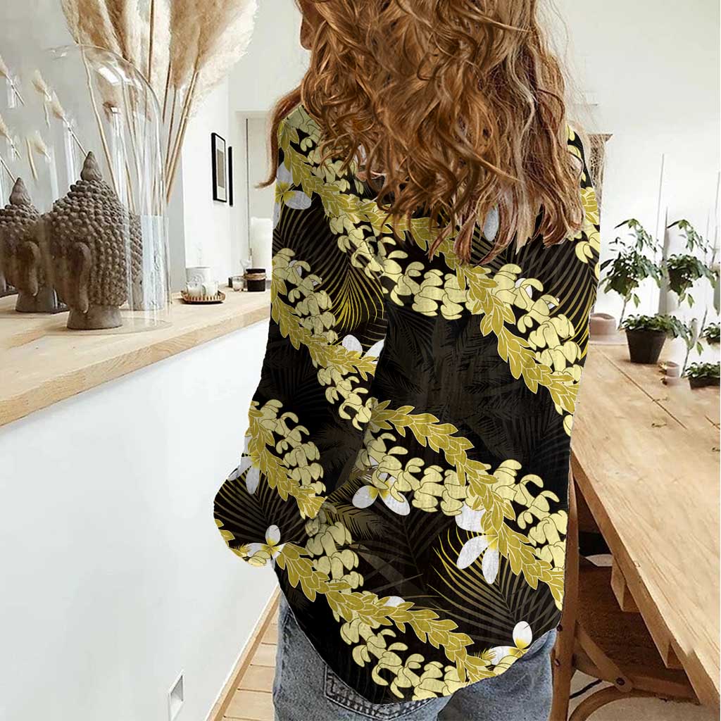 Puakenikeni Maile Lei Women Casual Shirt Frangipani Yellow Tropical Leaves