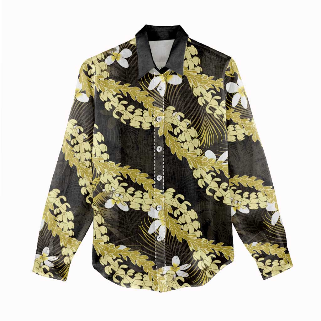 Puakenikeni Maile Lei Women Casual Shirt Frangipani Yellow Tropical Leaves