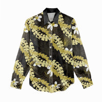 Puakenikeni Maile Lei Women Casual Shirt Frangipani Yellow Tropical Leaves