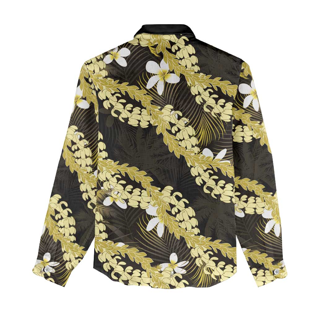 Puakenikeni Maile Lei Women Casual Shirt Frangipani Yellow Tropical Leaves
