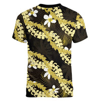 Puakenikeni Maile Lei Women V-Neck T-Shirt Frangipani Yellow Tropical Leaves
