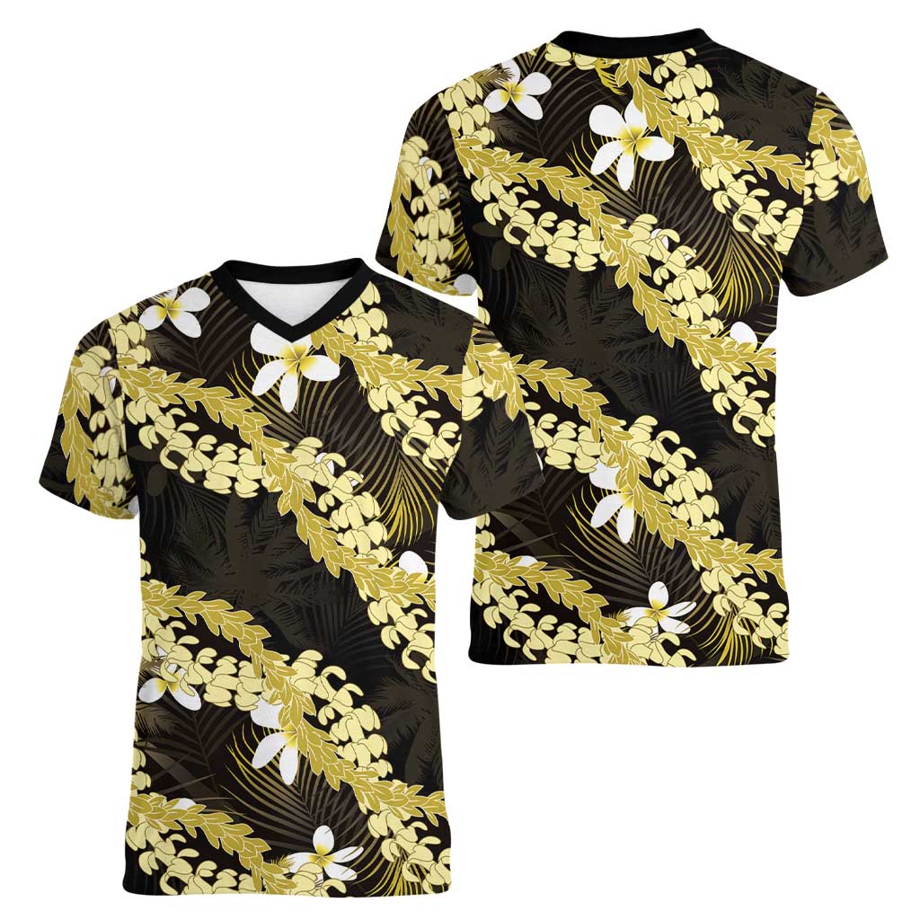 Puakenikeni Maile Lei Women V-Neck T-Shirt Frangipani Yellow Tropical Leaves