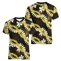Puakenikeni Maile Lei Women V-Neck T-Shirt Frangipani Yellow Tropical Leaves