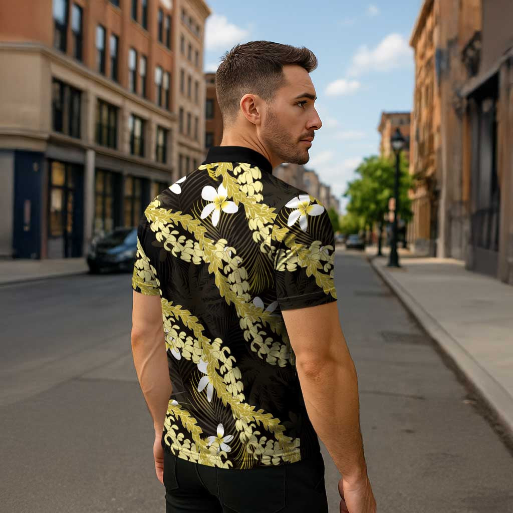 Puakenikeni Maile Lei Zipper Polo Shirt Frangipani Yellow Tropical Leaves LT01 - Polynesian Pride