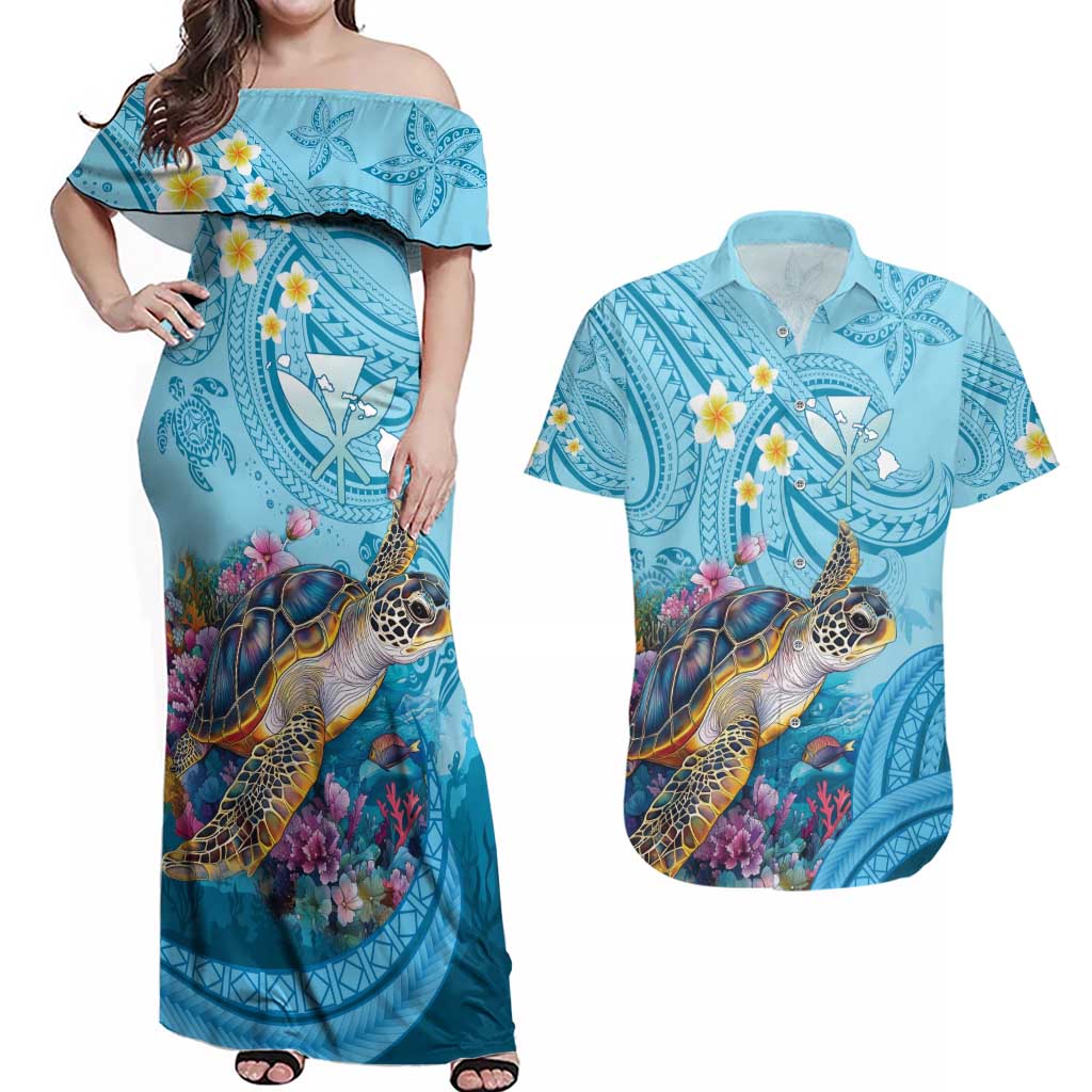 Personalized Hawaii Sea Turtle Couples Matching Off Shoulder Maxi Dress and Hawaiian Shirt Hawaii Map Ocean Vibes